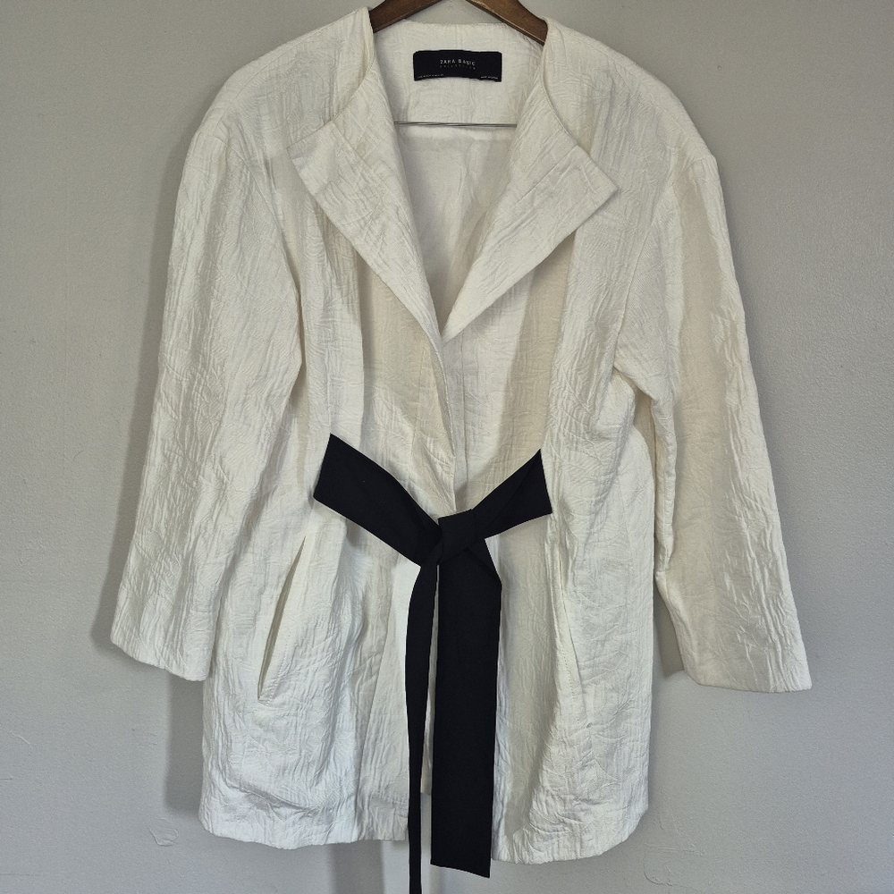 Zara Basics Collection White Textured Black Tie Spring Summer Jacket Medium - Picture 3 of 12